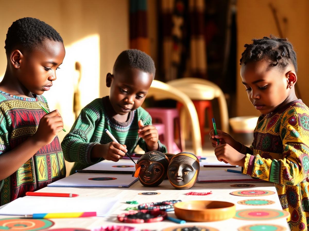 Kinder gestalten afrikanische Masken und Muster