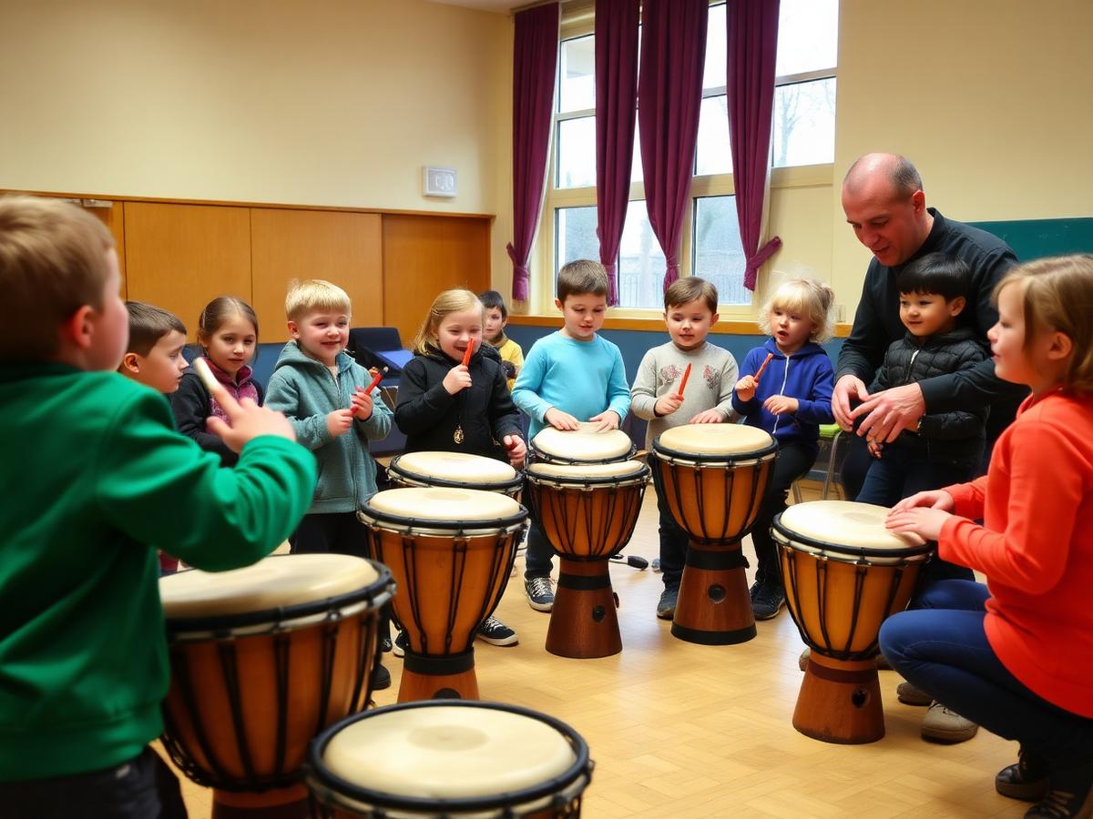 Kinder-Trommelworkshop mit Djemben in einer Schulaula